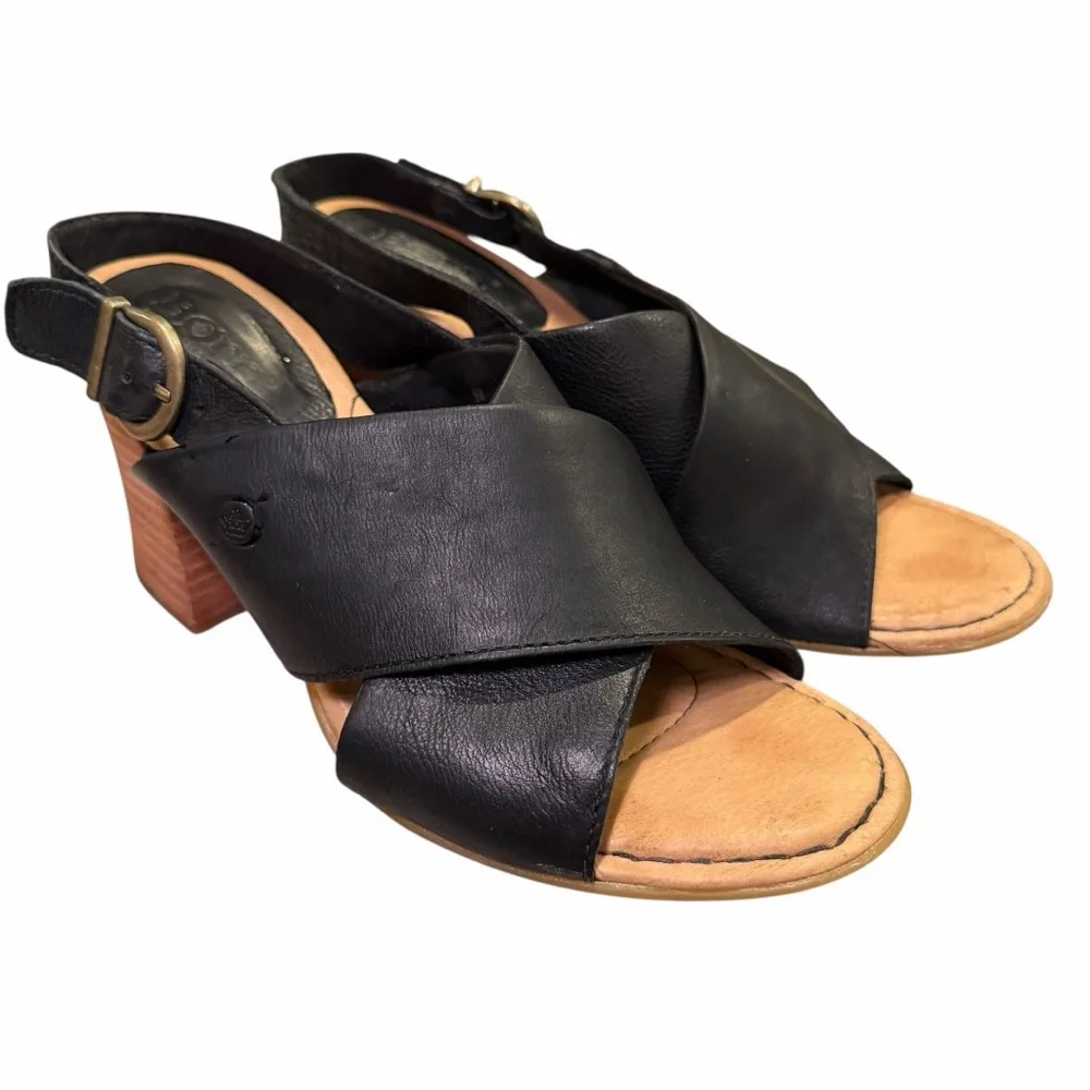 Born‎ Black Leather Cross Strap Slingback Block Heel Sandals Women’s 8